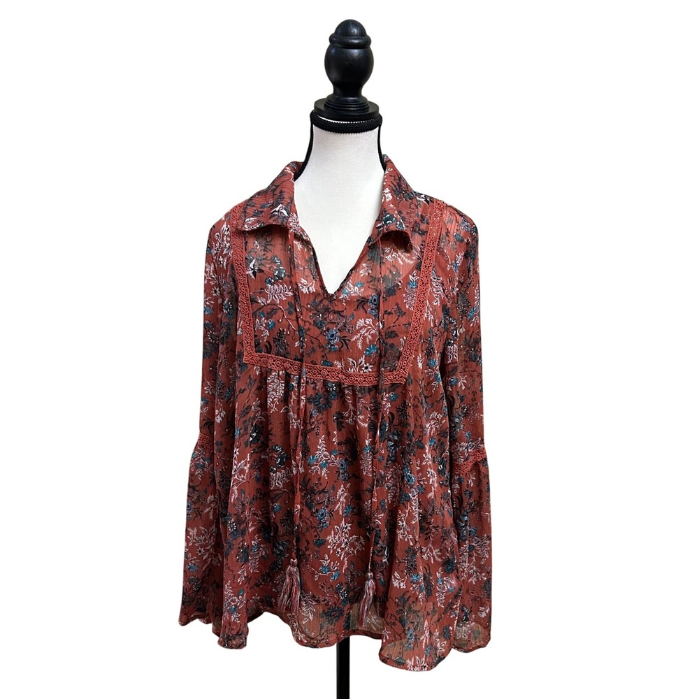 Knox Rose Women Floral Print Tassel Tie‎ Neck Blouse Size Medium Bell Sleeves